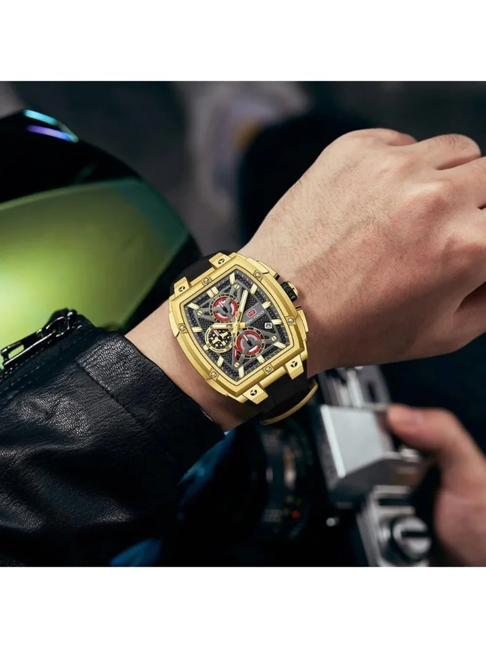 Men's Golden Analog Wrist Skeleton Tonneau Chronograph Ideal Enthusiasts Watch